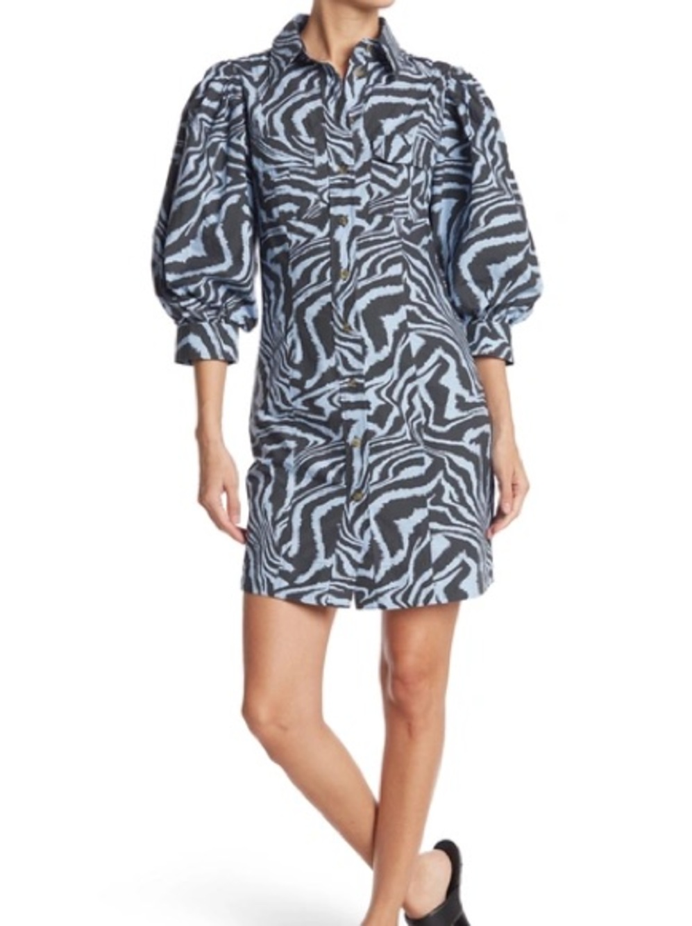 Ganni Blue and Black Zebra-Print Puff-Sleeve Mini Dress